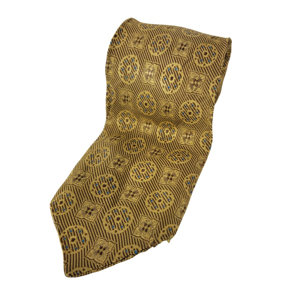 Vintage Regal Necktie Gold Blue Geometric Medallion Woven Formal Hoco Dapper